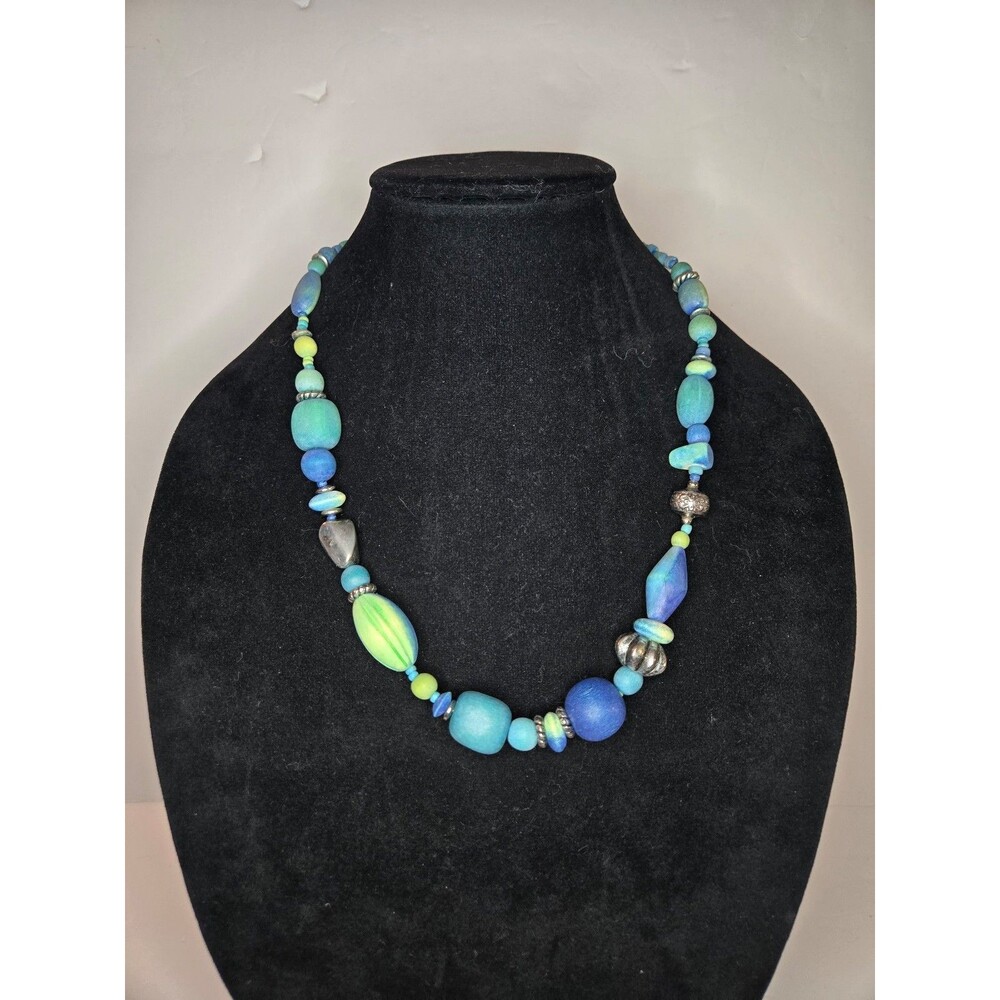 Colorful Beaded Necklace with Silver Tone Hook Closure Blues Greens - Picture 3 of 6